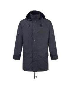 Front view of the Fort 220 Flex Waterproof Jacket in navy blue showing a storm flap with drawcord hood, two front pockets and velcro sleeves.