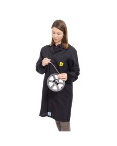 An ESD lab coat in black fabric with elastic black matching cuffs