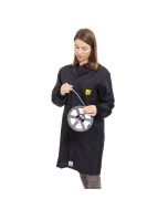 An ESD lab coat in black fabric with elastic black matching cuffs