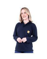 A great looking great wearing ESD long-sleeved polo shirt in a dark navy blue knitted fabric. With a black collar.